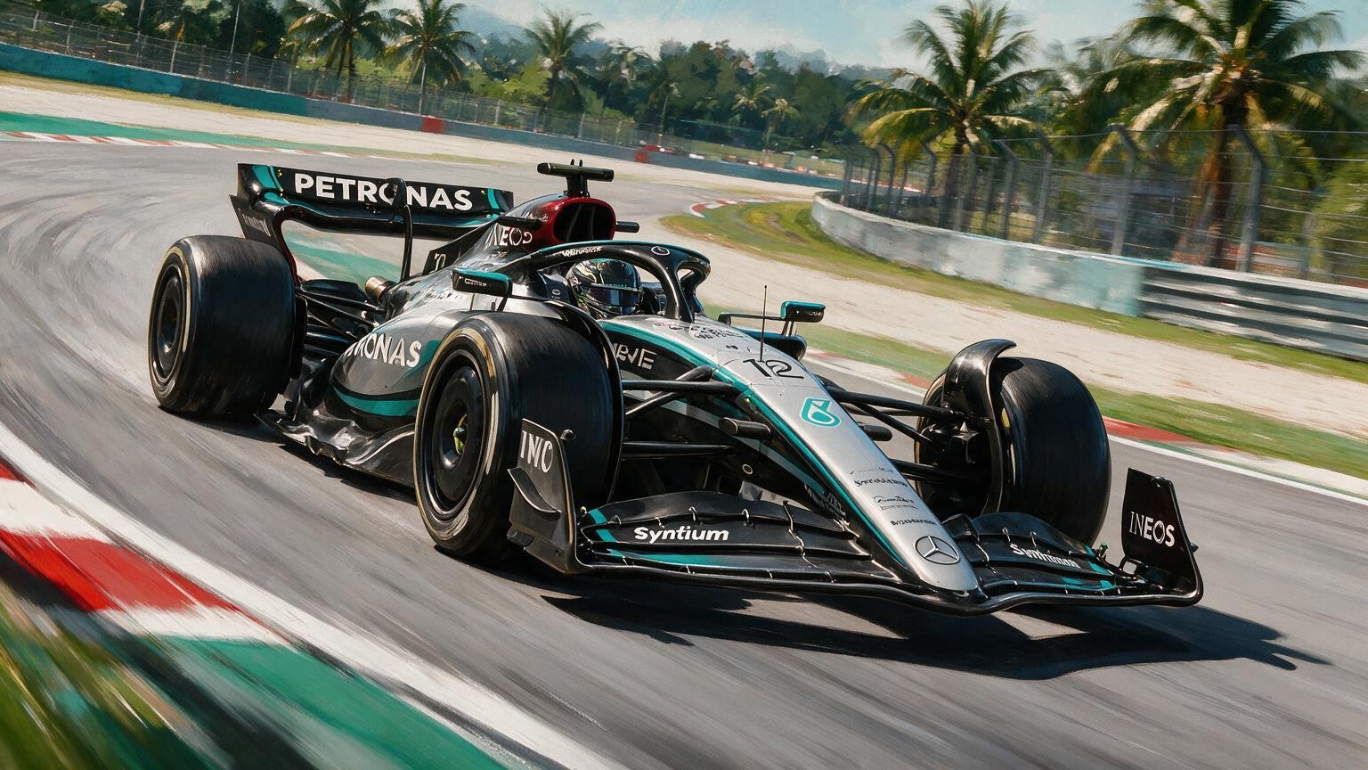 Editorial illustration of Mercedes-AMG W17, Mercedes car number 12, in a racing setting