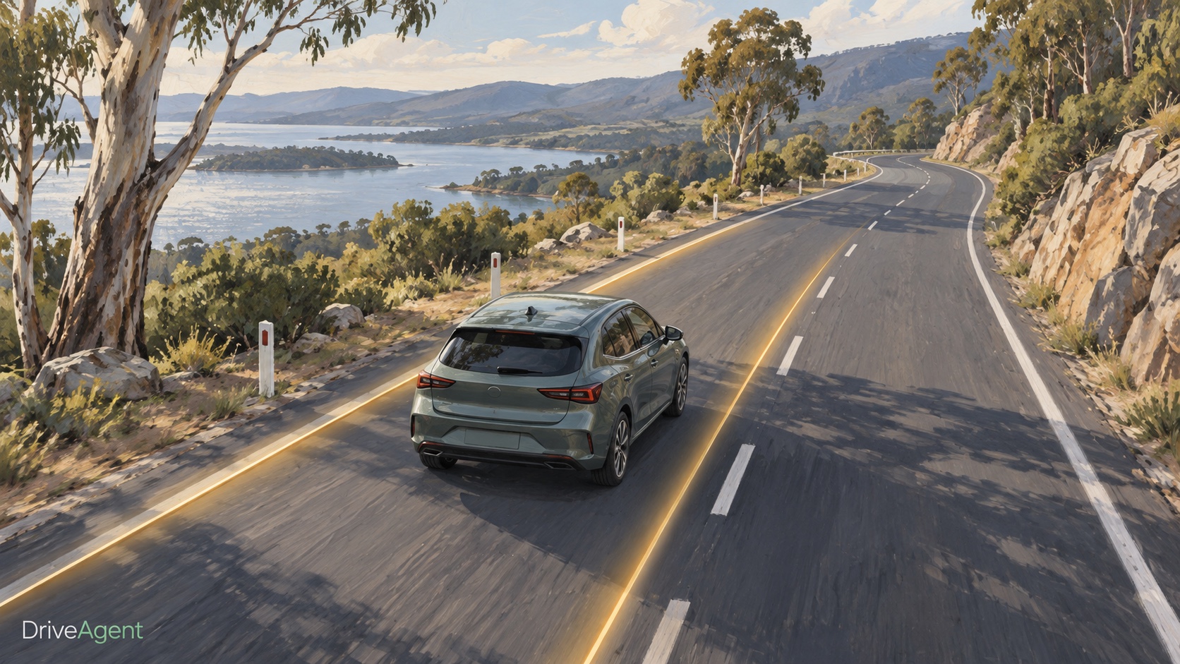 Editorial illustration: A car on an Australian road with illustrative lane-assistance guides.