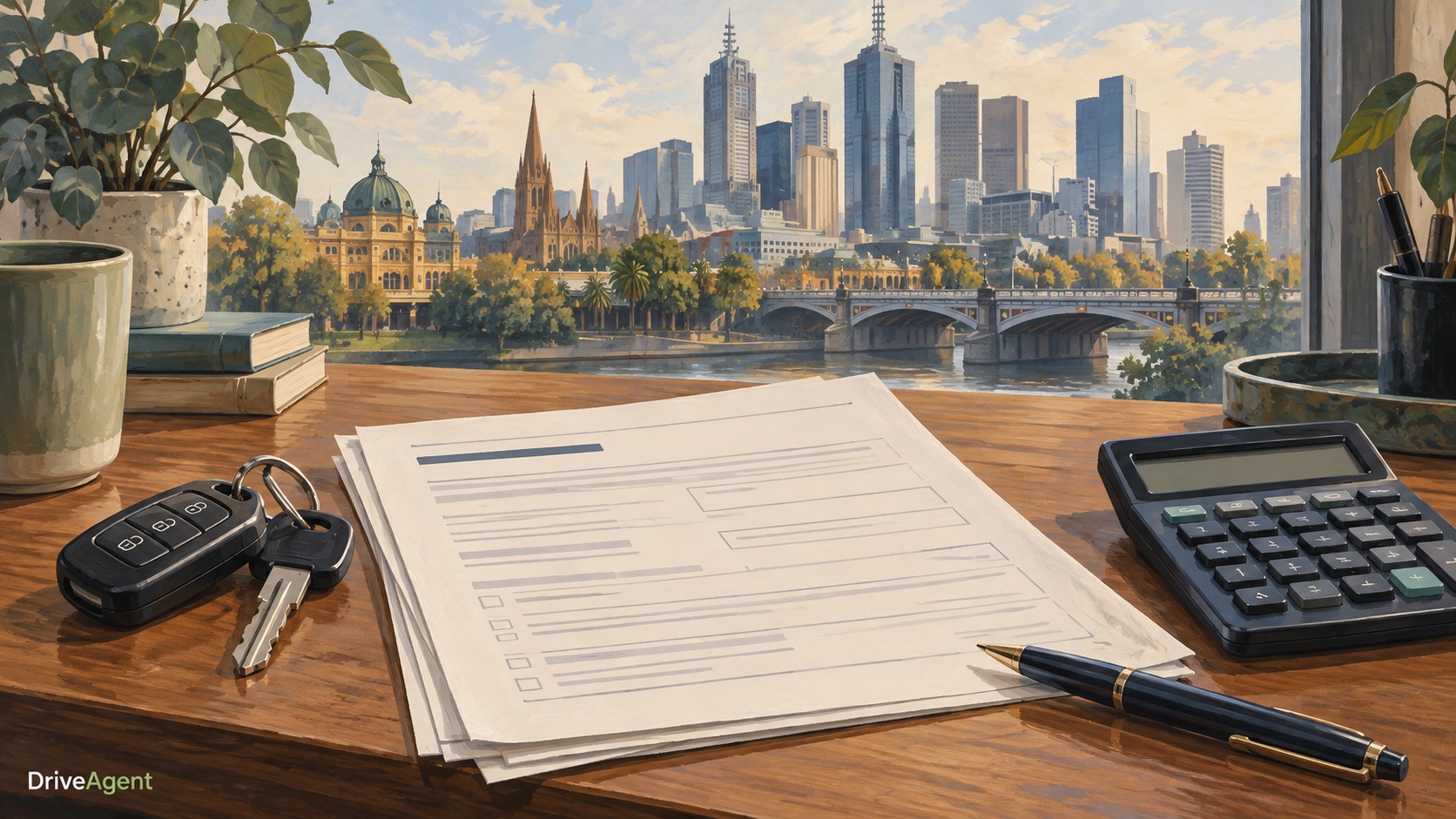 Editorial illustration: Registration paperwork, car keys and a calculator with Melbourne in the background.