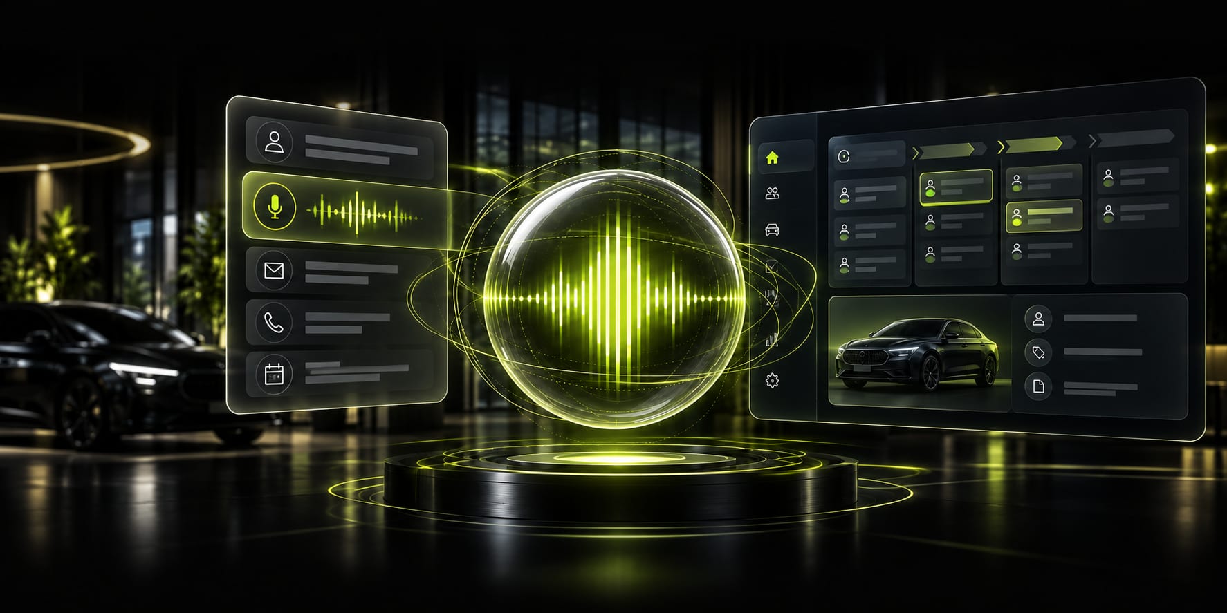 DriveAgent concept illustration connecting an AI assistant with customer conversations, vehicle information and the dealership CRM.